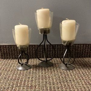 Set of 3 Wrought Iron & Glass Candle Holders